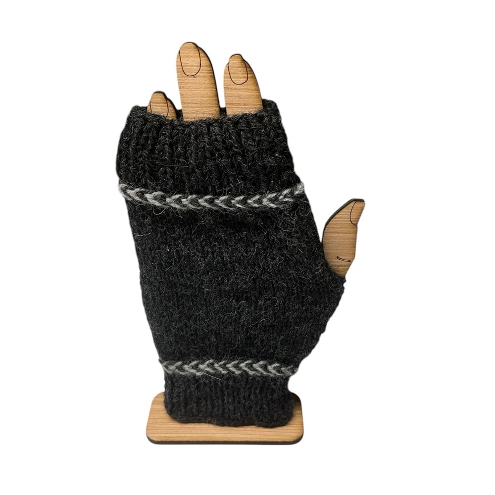 Hand Crafted Black and Gray Fingerless Gloves with Decorative Band